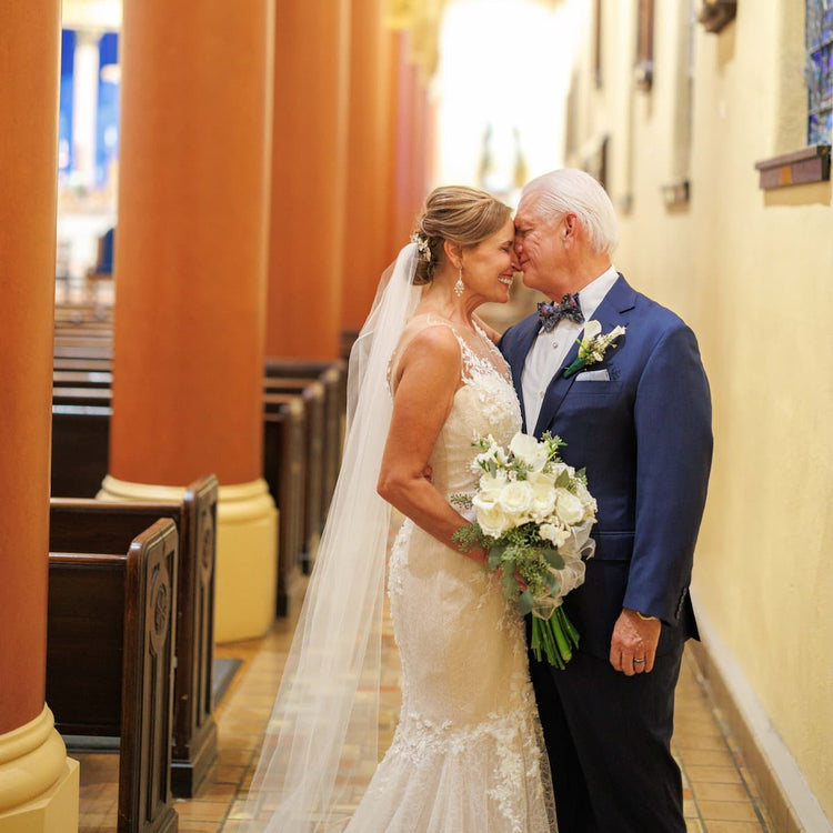 Wedding photo of happy couple in a church.