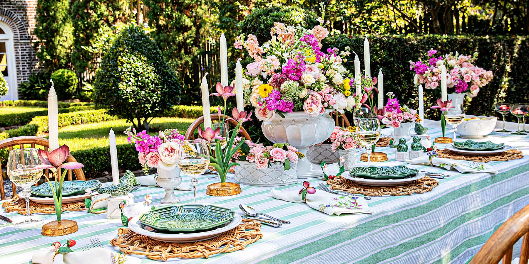 Image depicting floral arrangements in Berry & Thread vases, Amalia glassware, Jardin Du Monde basil plates and Meadow Walk candelabras