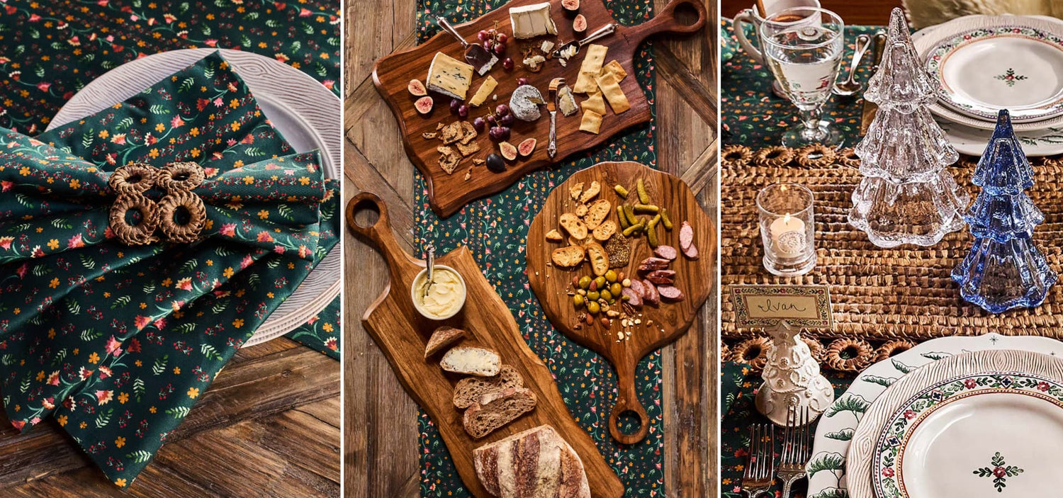 Collage of table settings with decorative elements on a wooden surface.