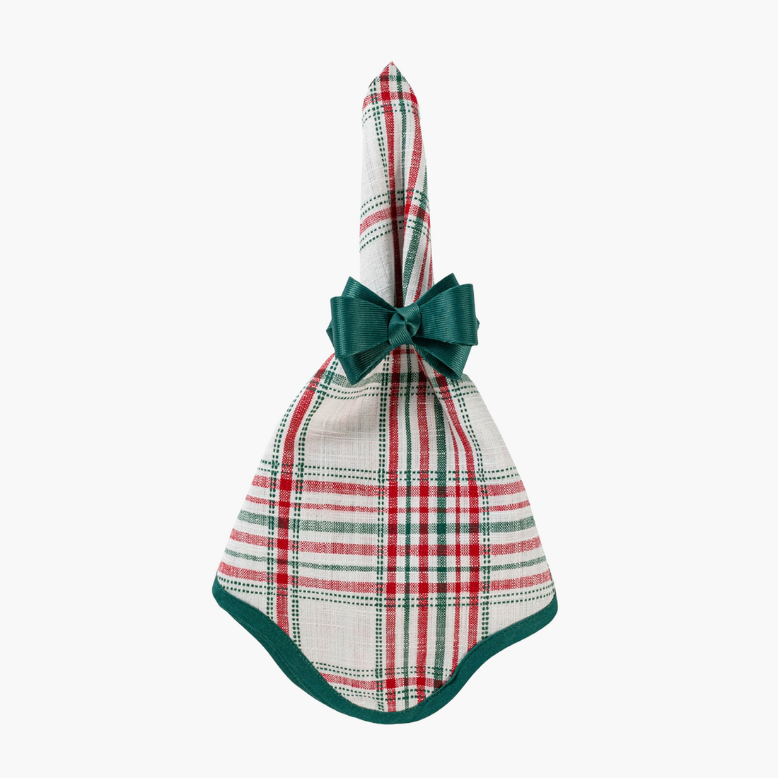 Plaid napkin with green trim and napkin ring bow on a white background