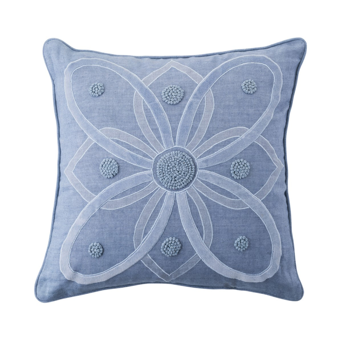 Inspired by the Alcazar garden in Spain, this pillow is made of soft linen, adorned with velvet applique and finished with hand stitched French knot detailing. This luxurious pillow would make a beautiful addition to a master bedroom or living room couch. Filled with 10% down and 90% feather fill.