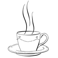 Black and white line drawing of a steaming cup of coffee on a saucer