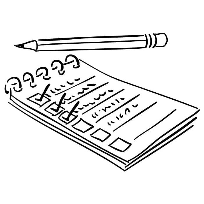 Checklist and pencil illustration.