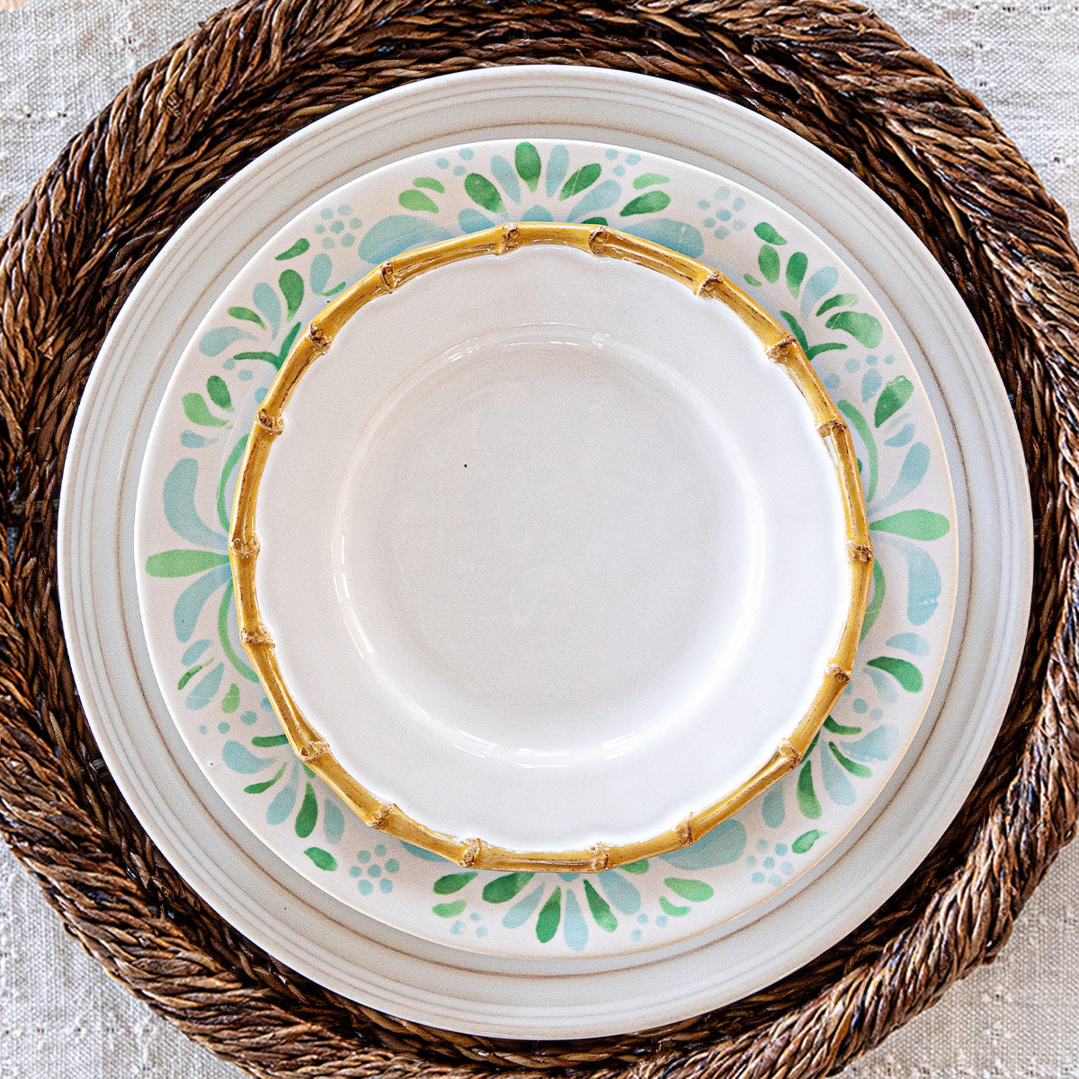 3 plates stacked on eachother in a variety of patterns