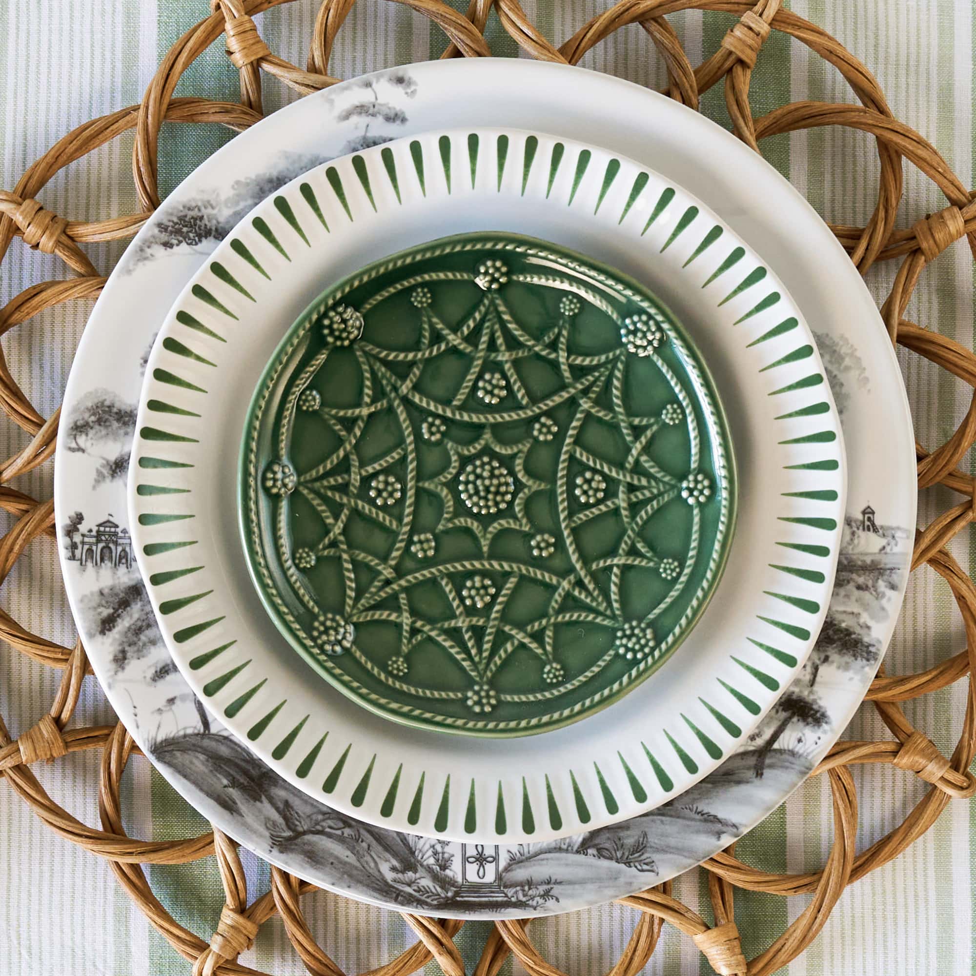 Image featuring 3 plates: country estate flint, sitio stripe basil and jardin du monde basil plates.