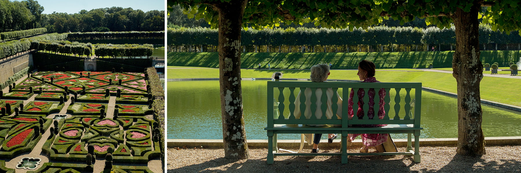 Image of the garden of outside a chateau with red and pink flowers