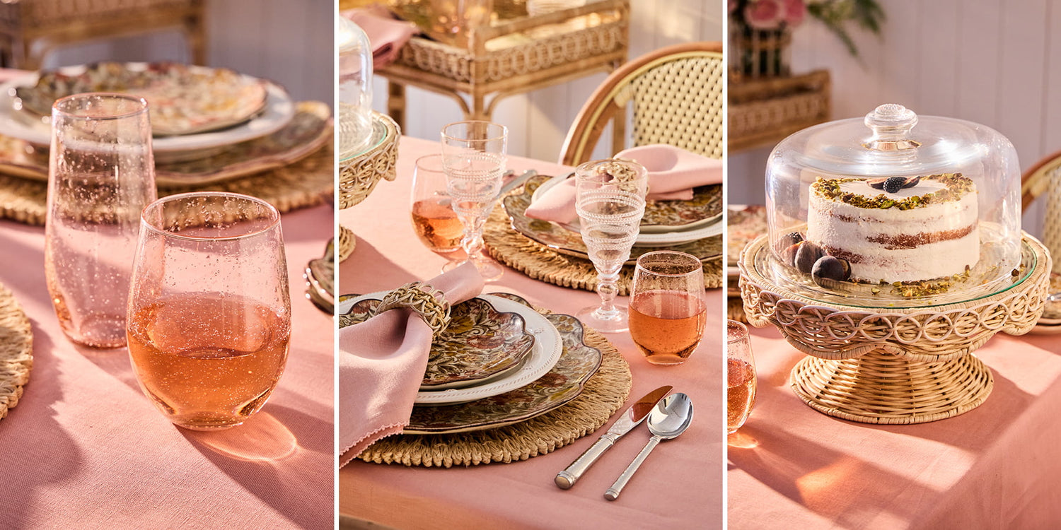 Collage of 3 images featuring dinner table setting with floral plates, glasses, gold cutlery on a pink tablecloth, and cake in cakestand.