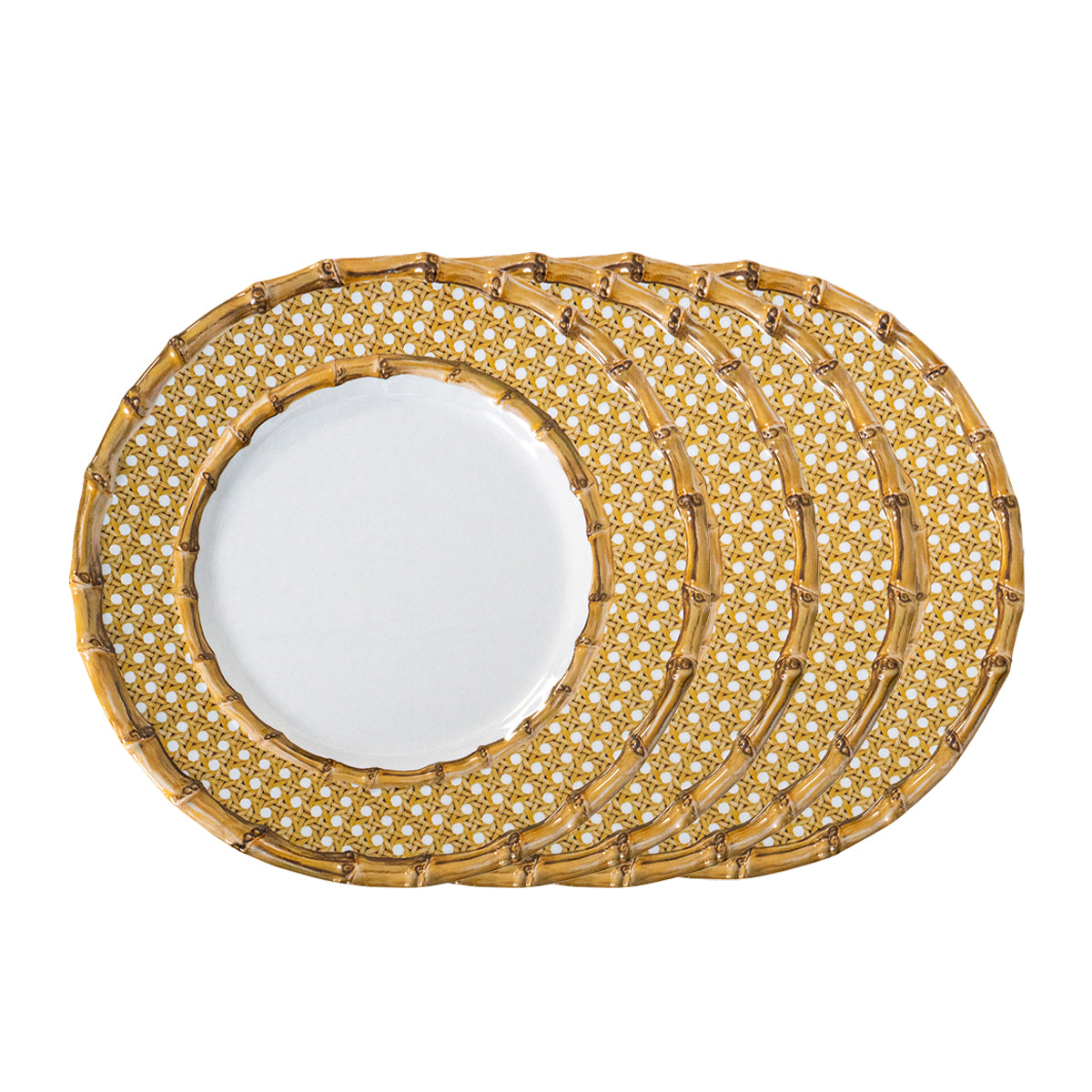 The bamboo border with caning inset on this dessert/salad plate evokes the natural textures of exotic places for a look that is equally traditional and adventurous. Made of shatterproof melamine, it is ideal for all of your culinary forays into the wild outdoors - from breezy seaside picnics to romantic teas in the garden.