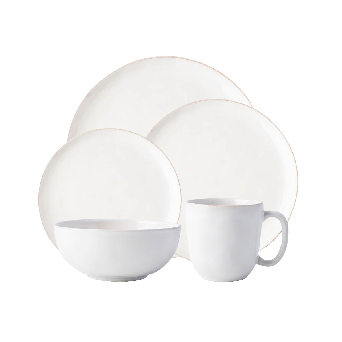 Everything you need to set a stylish place at your table - perfect for parties, and eminently useful for every day. Our five piece setting includes: coupe dinner plate, coupe dessert/salad plate, coupe side/cocktail plate, cereal/ice cream bowl and mug.