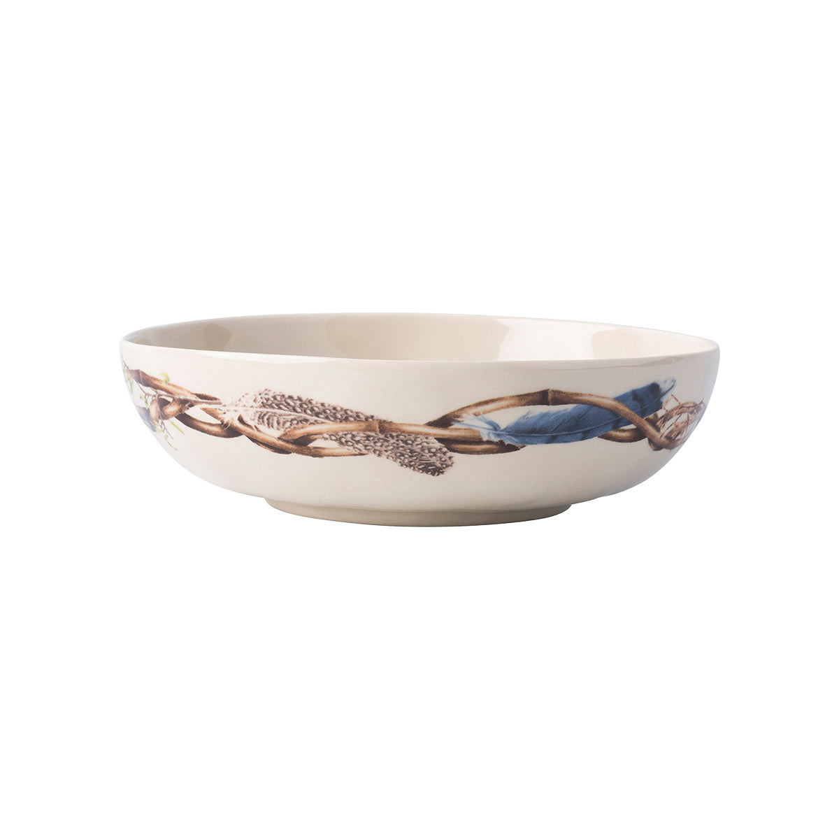 Coupe bowl with flora and fauna painted on it.