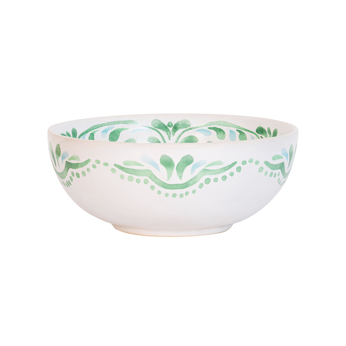 The beguiling pattern of this bowl was inspired by the intricately painted tiles we found on an escapade to the Iberian Coast and makes an eye-catching accent piece for tablesettings. Featuring a verdant palette of soft sage and sky-blue hues that are both refreshing and soothing - you will want to use this gorgeous green bowl for soups to berries to ice cream.Â