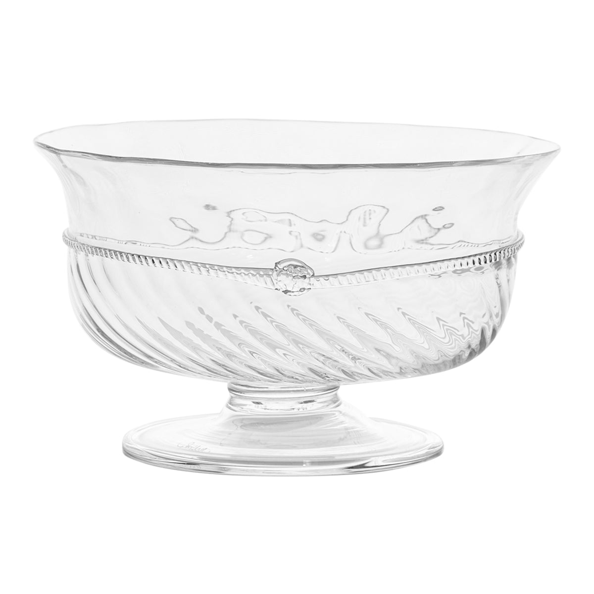A show-stopping centerpiece bowl from one of our most popular collections, this footed vessel shines a spotlight on whatever you are serving - from decadent chocolate mousse to festive rainbow-hued parfait. Expertly hand crafted by our master glass artisans, it is trimmed at the midline with a tidy thread and studded with a berry, while spiral optic glass beneath never fails to catch the light and add sparkle to every occasion.Â
