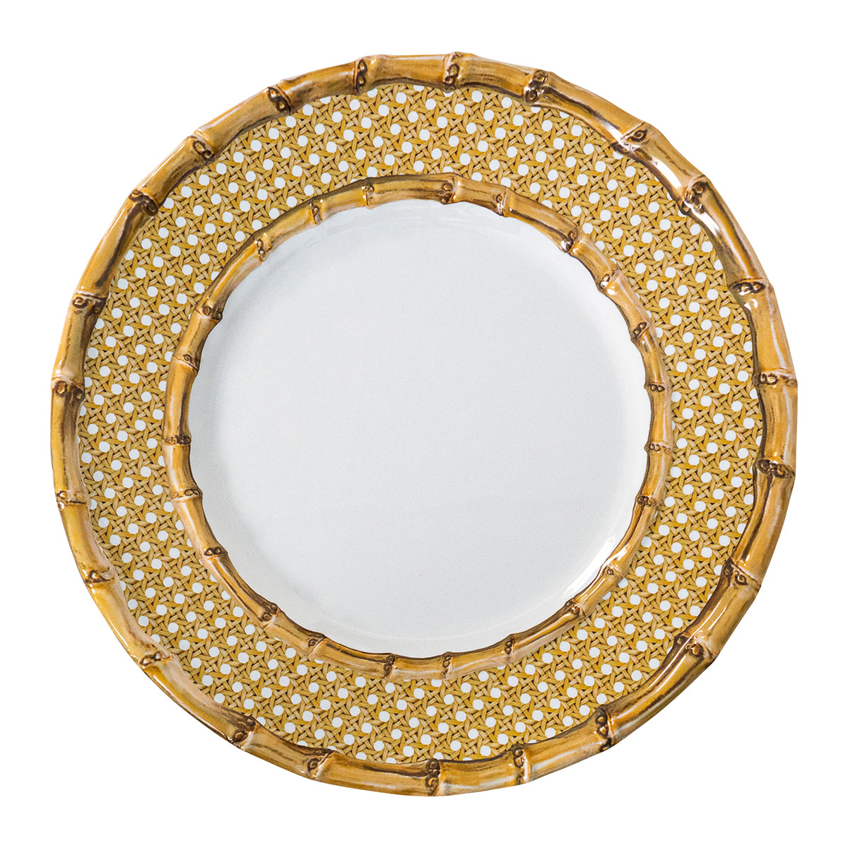 The bamboo border with caning inset on this dinner plate evokes the natural textures of exotic places for a look that is equally traditional and adventurous. Made of shatterproof melamine, it is ideal for all of your culinary forays into the wild outdoors - from breezy seaside picnics to romantic teas in the garden.