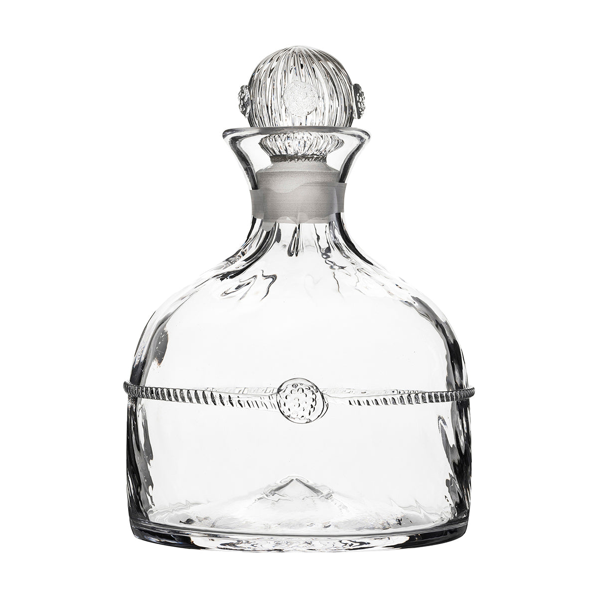 From our Graham Collection- Crowned with a simple thread and single berry, dressed in optic glass from the waist down and belted with a charming sash, this handsome decanter is worthy of your best single malt.