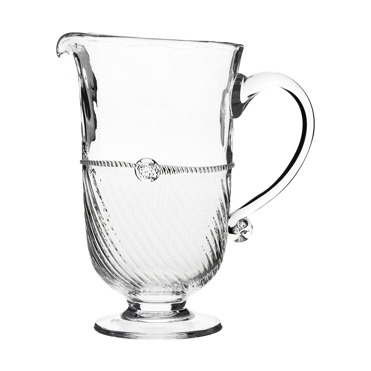 From our Graham Collection- Crowned with a simple thread and single berry, dressed in optic glass from the waist down and belted with a charming sash this large pitcher is a supreme vessel for iced tea, sparkling water or pink lemonade.