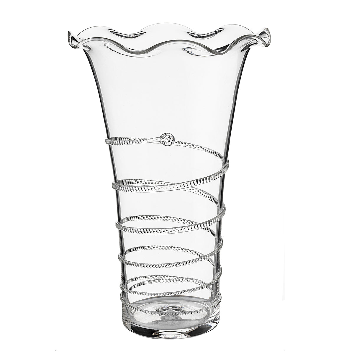Part of our Amalia Collection and sporting a new flared rim, this 14" vase is bedecked with signature spiral and is poised to hold court in any nook of your house. Fill with flowering branches to create a statement arrangement for an entry way table - or position on the corner of a mantle or atop an end table for an everyday indulgence.