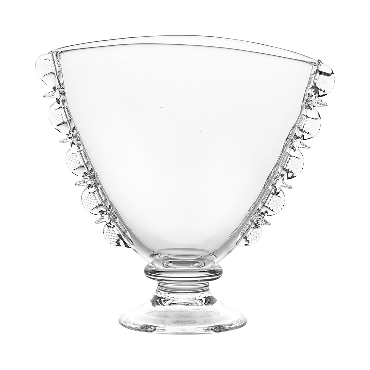 Lady Harriet is no shrinking violet, nor is she a wallflower. Her feminine fan-shaped silhouette sits upon a pedestal (where she rightly belongs) and is boldly bedecked with an eye-catching ruffle. Moderately sized, this 9” vessel is ideal for displaying blushing blooms from your garden to wildflowers gathered on a spring day.