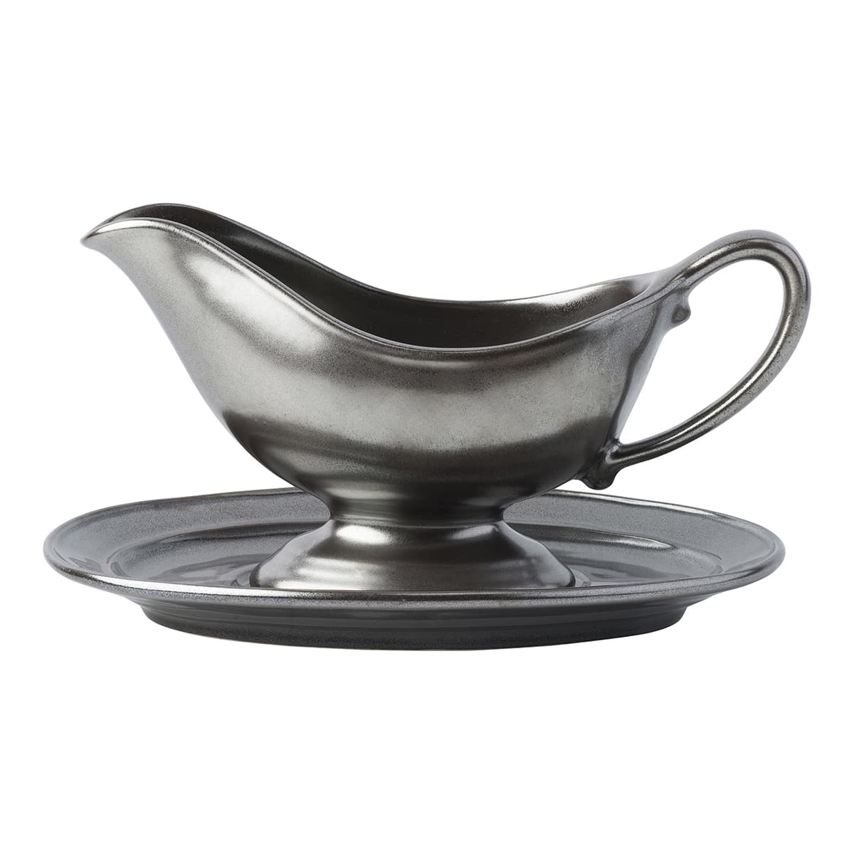Pewter Stoneware sauce boat and stand.