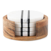 Rich layers of acacia wood and stripes of hand marbled resin are juxtaposed to create the distinct, unique look of our Stonewood Stripe collection. This coaster set features a wood base and four marble coasters that nest inside.