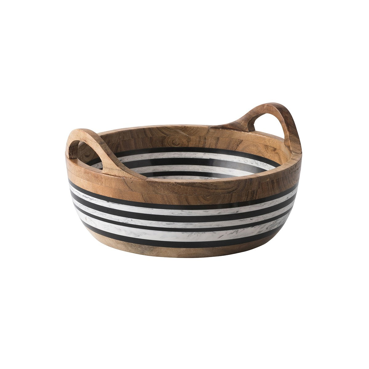 From our Stonewood Stripe Collection- Our round serving bowl with handles makes serving your favorite salad or pile of pita a cinch. Between layers of rich Acacia Wood are stripes of hand-marbled resin -a juxtaposition of rustic and refined artisanal materials. Each piece is shaped by hand and crafted into unique entertaining pieces.