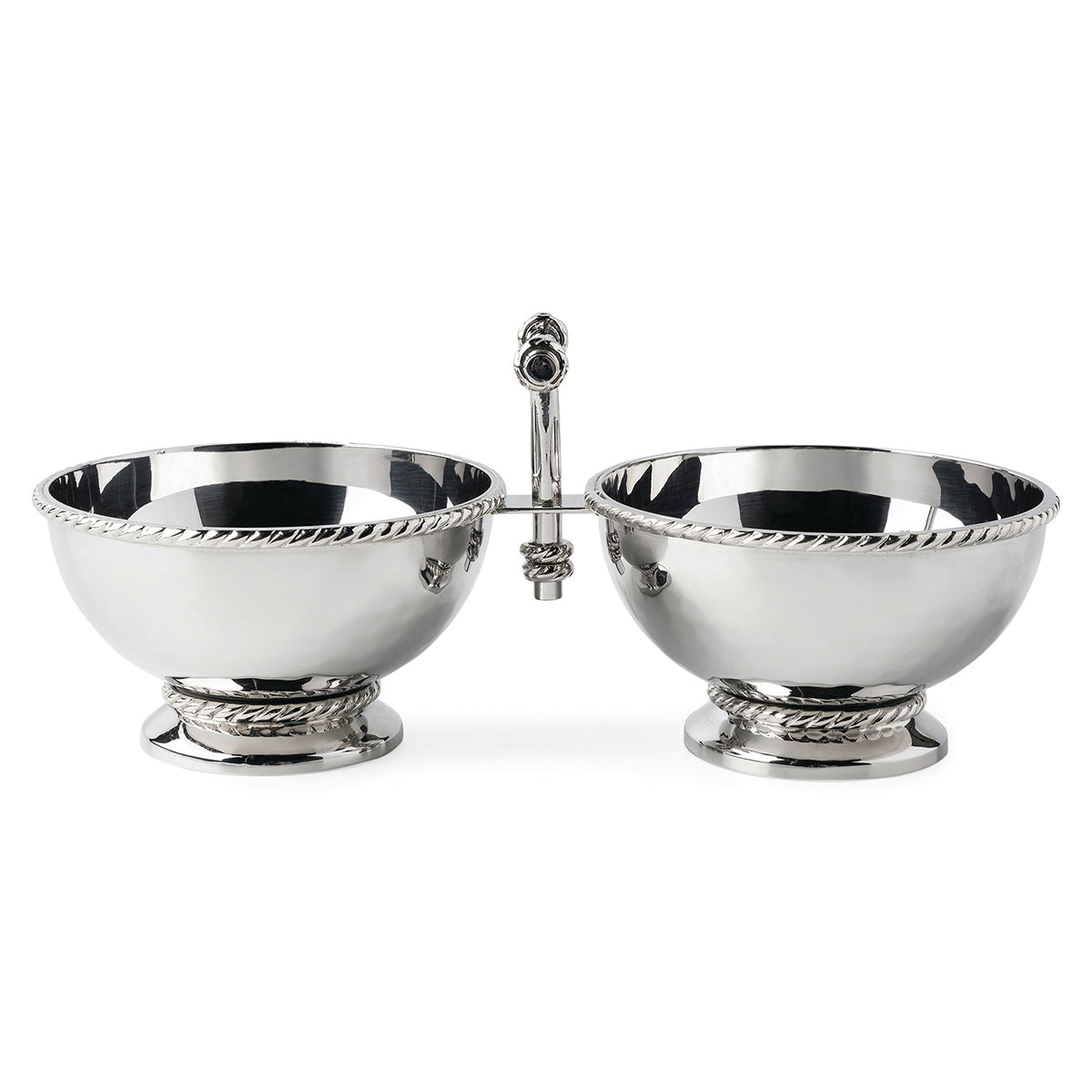 Decorated with a tidy trimming of simple thread, each piece in our Graham barware collection is handmade in hammered stainless steel and polished to brilliance. This two section server features double cocktail-sized bowls and a sturdy handle for transporting your favorite nibbles.