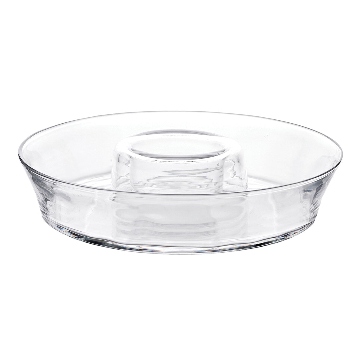 Keep it chic with this chip and dip server that elevates the humble to something a bit more special. Simple, textural lines in handsome mouth-blown glass, this piece allows you to easily present your favorite chips and dips with a splash of elegance.