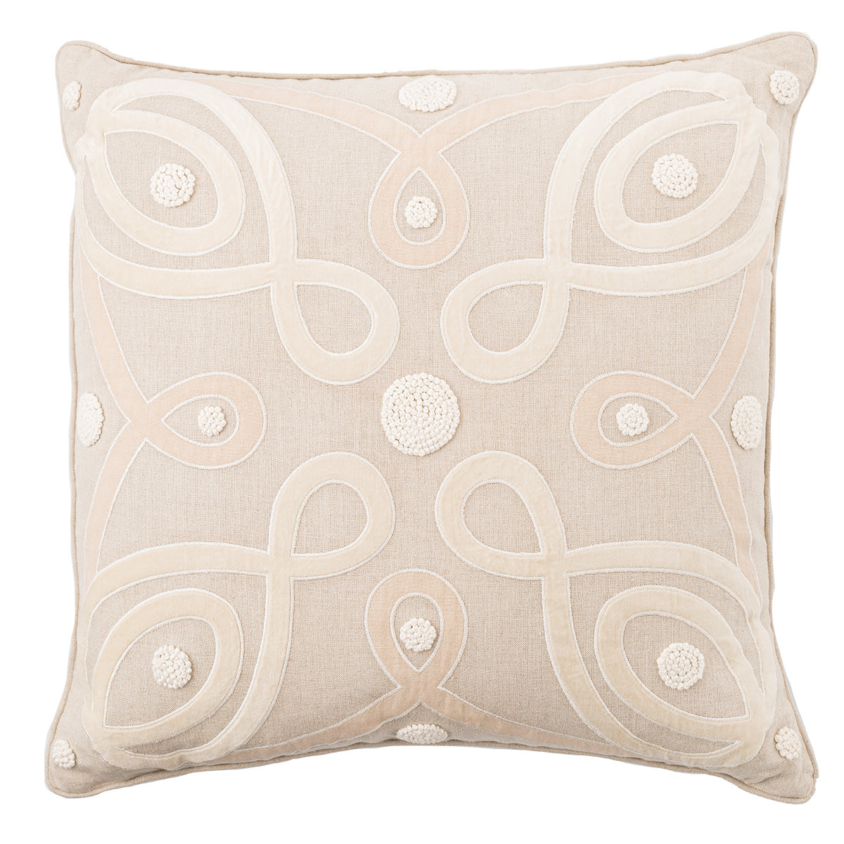 Inspired by the parterre garden design of the stunning L'Andriana garden in Italy, our luxurious pillows are hand crafted of soft linen, adorned with velvet applique and finished with hand stitched French knot detailing. A beautiful addition to a master bedroom or living room couch. Filled with 10% down and 90% feather fill.