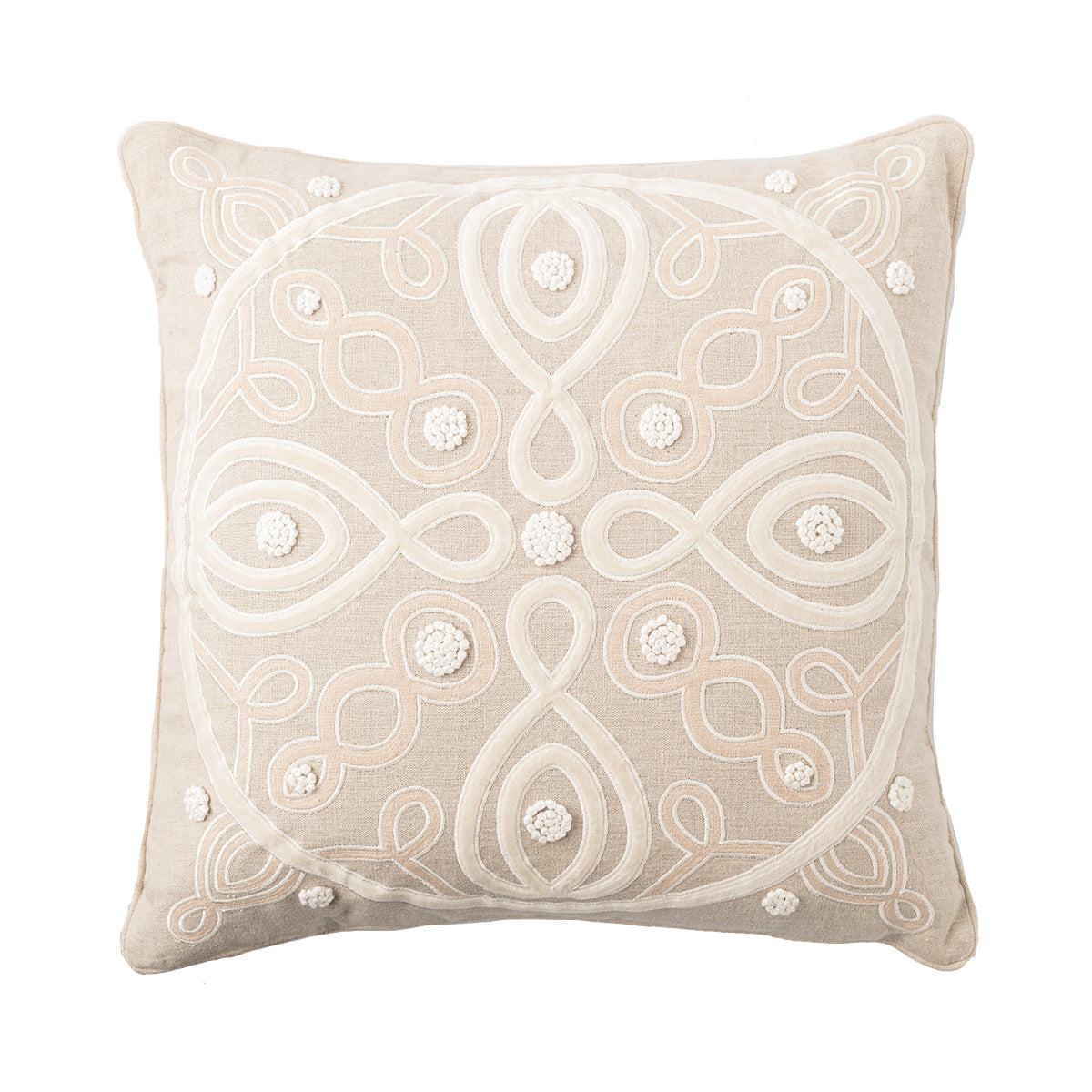 Inspired by the parterre garden design of the stunning L'Andriana garden in Italy, this pillow is made of luxurious soft linen, adorned with velvet applique and finished with hand stitched French knot detailing. Filled with 10% down and 90% feather fill.