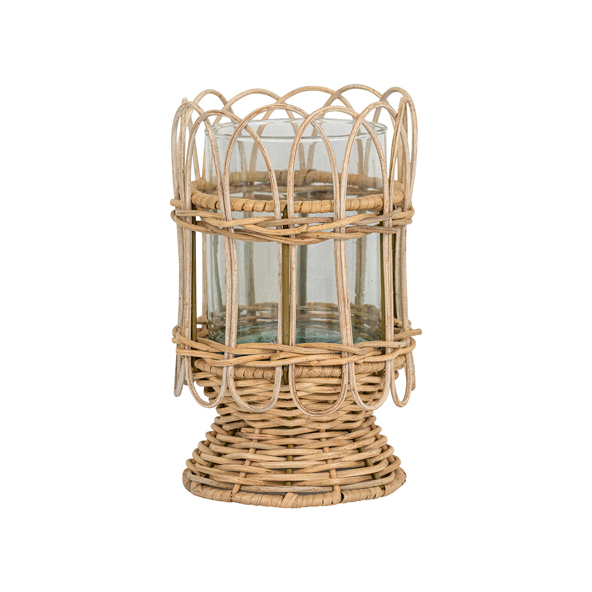 Aglow with flickering candlelight or filled with flowers as a vase, this intricately hand-woven rattan hurricane is rustic, refined, and romantic. Lovely for illuminating cozy corners, hidden terraces, and twilight garden parties.Â