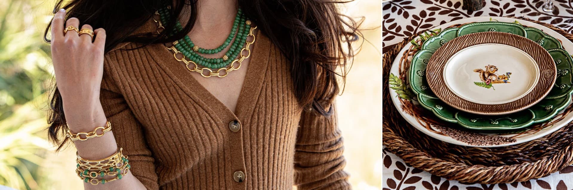 Brown, tan and green hues mix together beautifully in fashion and on the table.