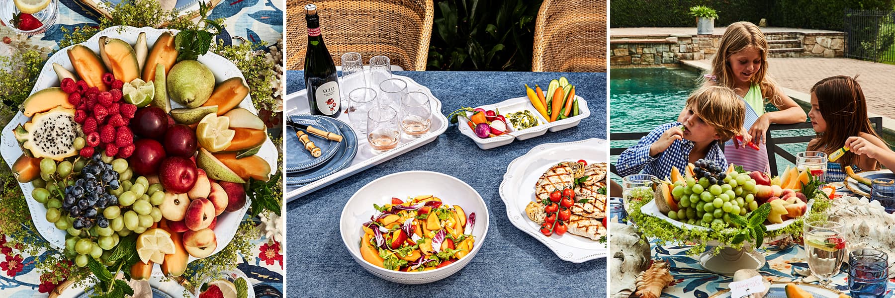 A festive red, white and blue tablecloth with a Bamboo rimmed dinner plate with a Chambray Melamine salad plate on top.