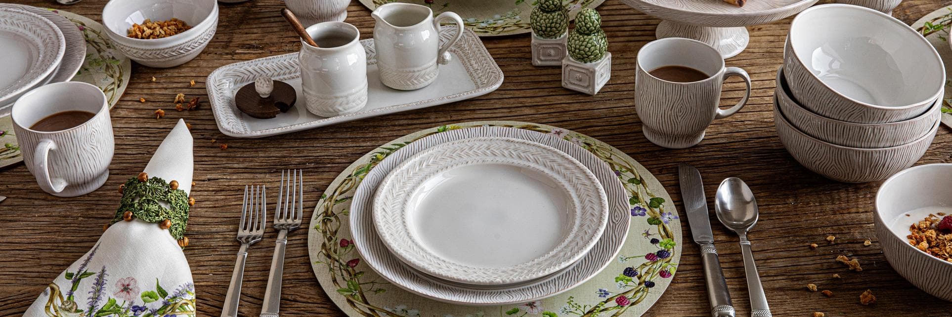 Le Panier Whitewash and Blenheim Oak mix and match to set a beautiful morning table.