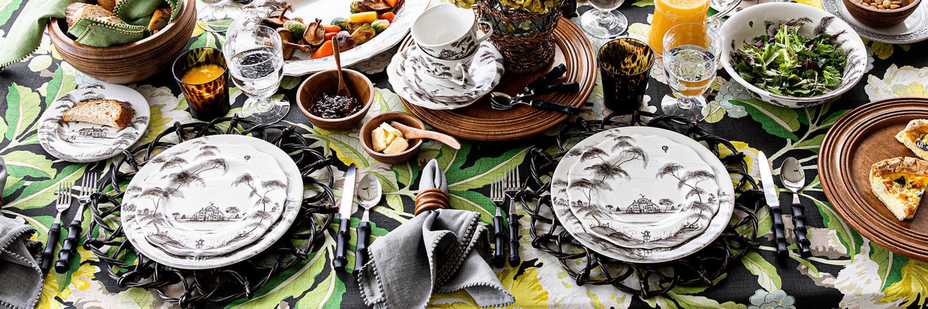 Country Estate Flint dinnerware on a colorful table.