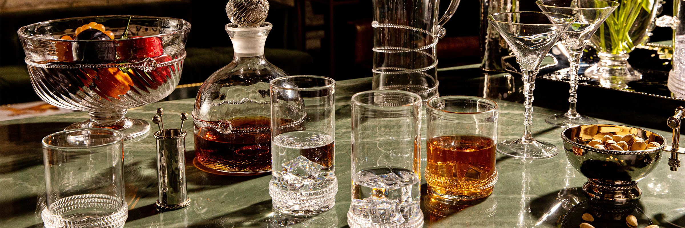 A grand display of Graham bohemian bar glassware.