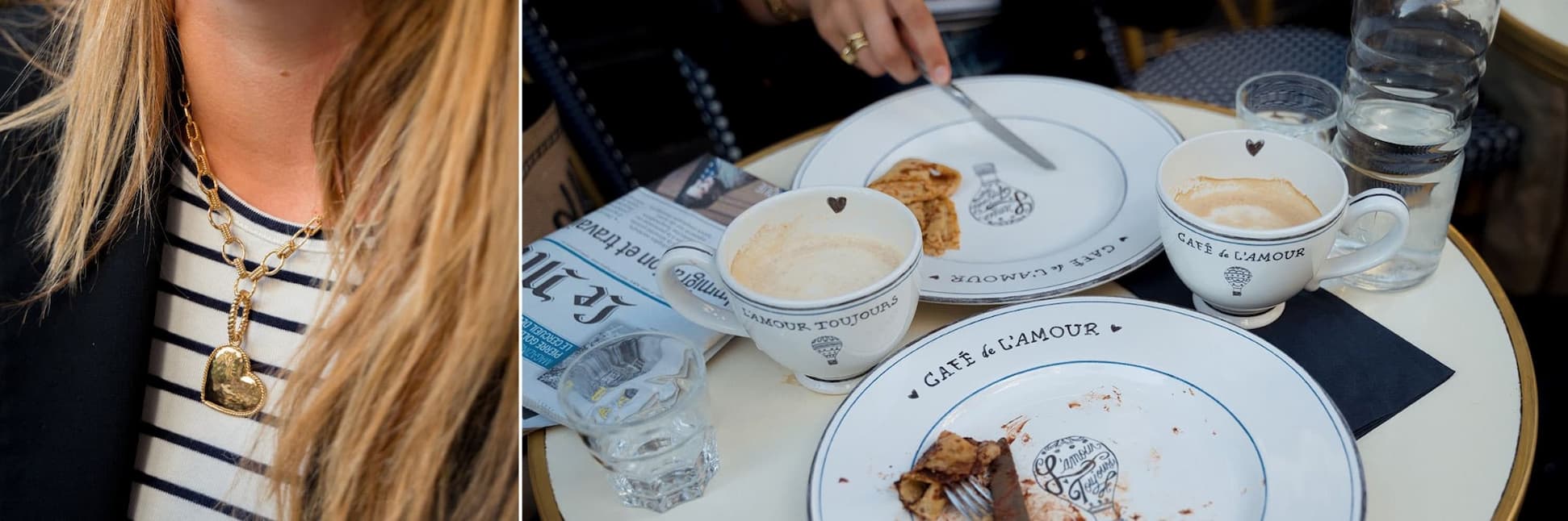 L Amour Toujours mugs and plates outside a Paris cafe..