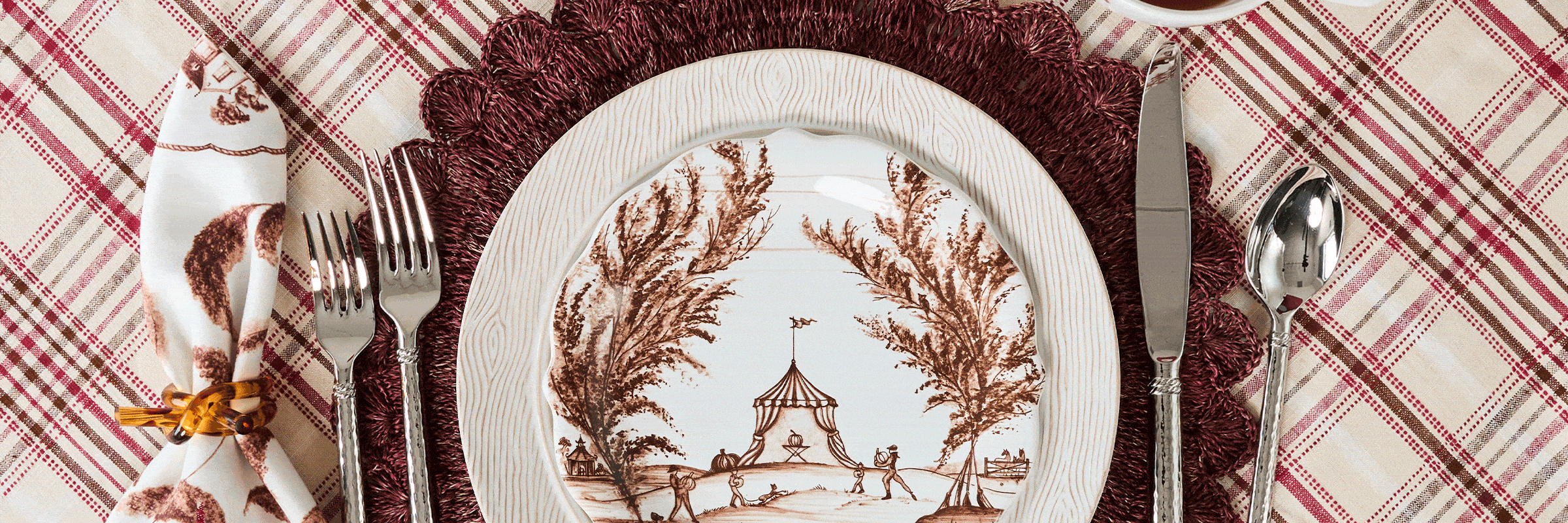 Harvest tartan linens on a tablescape in a moveable gif
