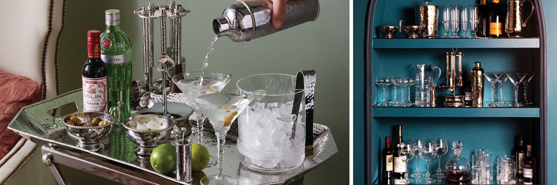Teal bar shelving unit with glass and metal barware next to an image of a bar cart with martini glasses.