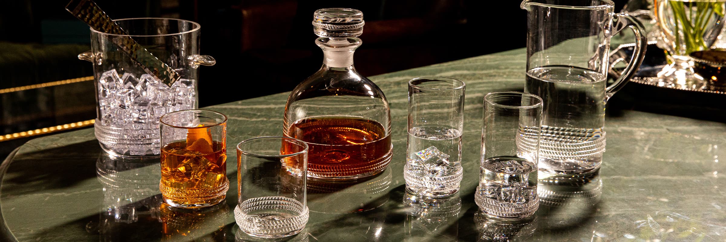 Dean Bohemian Glass barware with whiskey decanter and ice bucket ready for cocktail creations.
