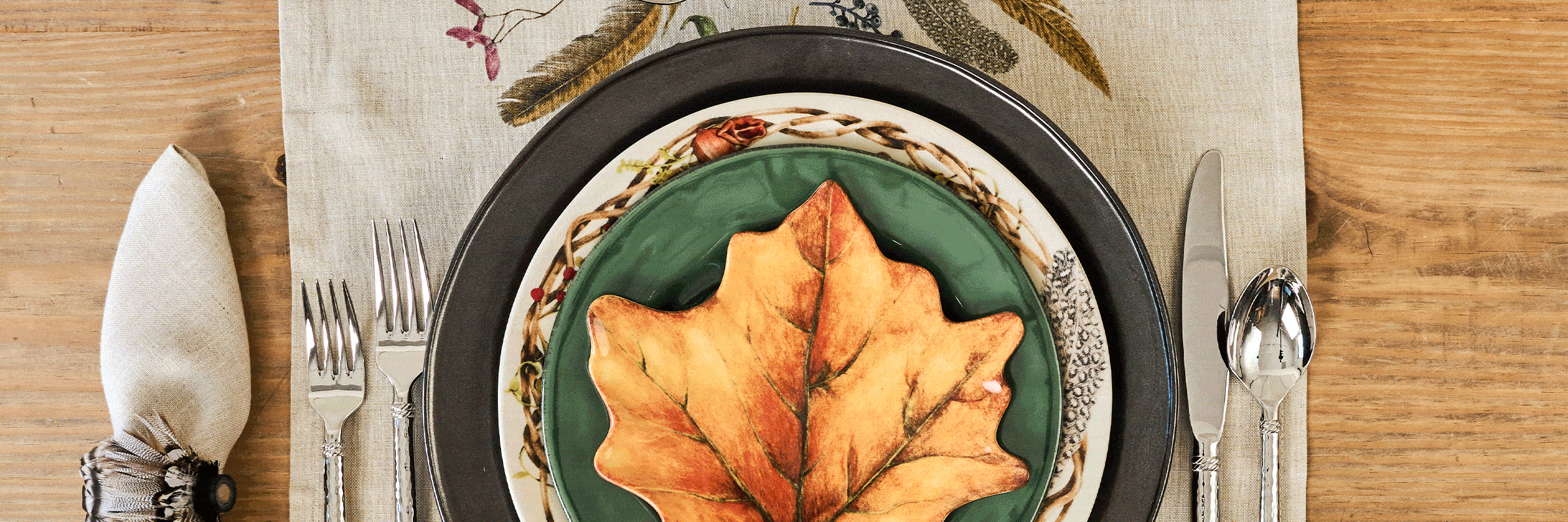 Forest Walk linens and plate mixed with colorful plates in a moveable gif