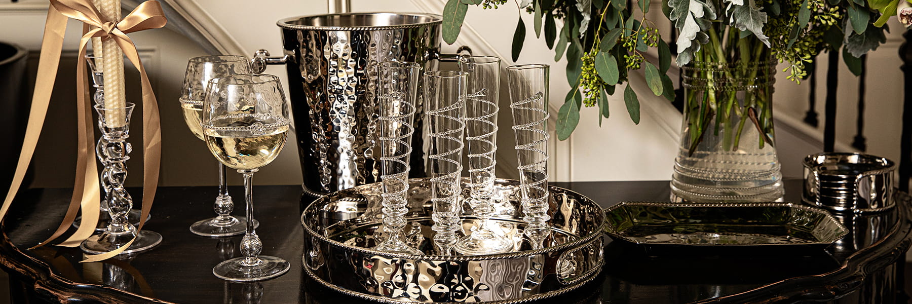 Graham barware and glassware displayed on a festive tablescape