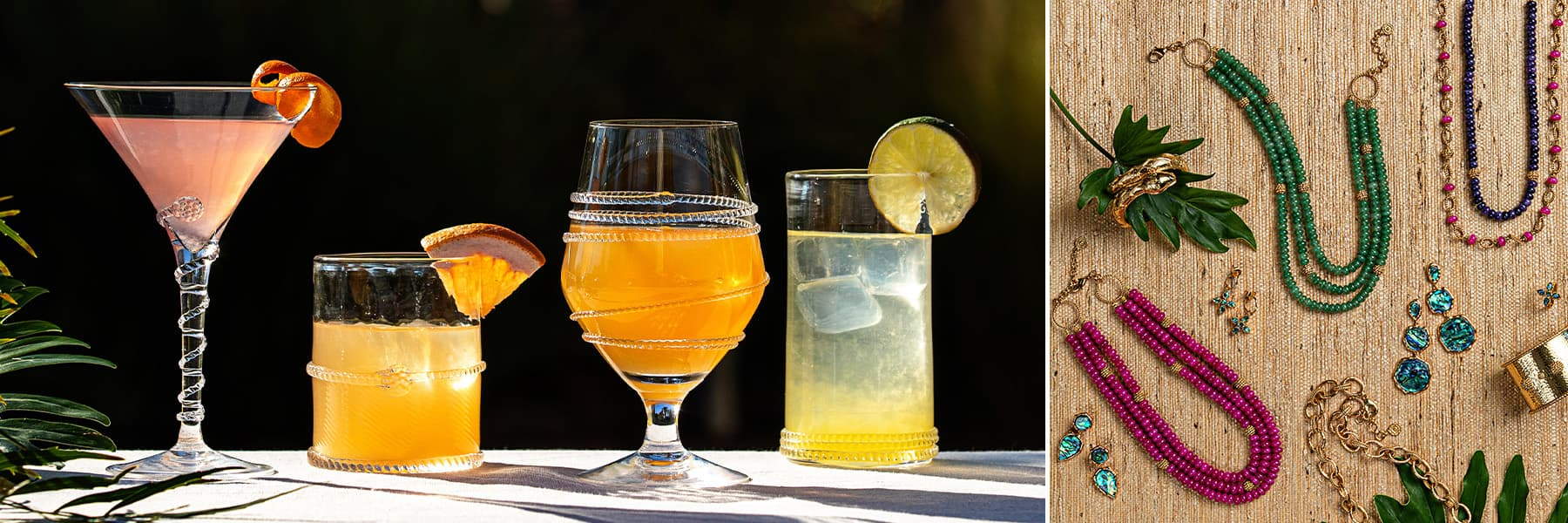 Bohemian glasses filled with citrus colored drinks.