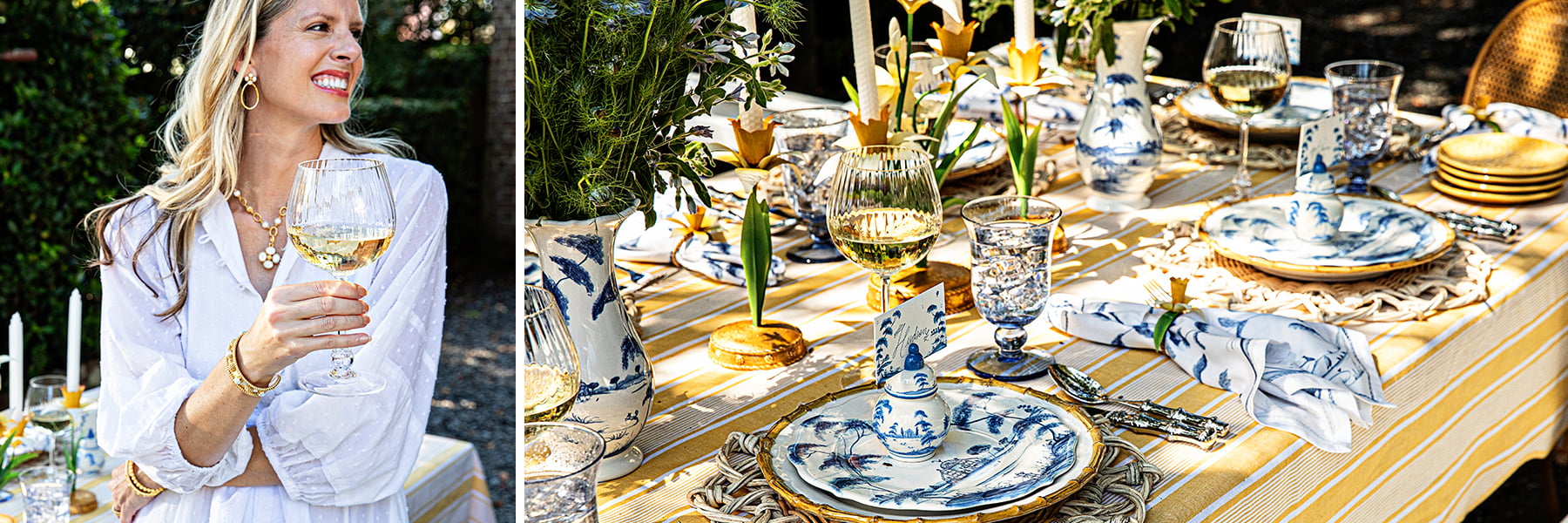 On the left, a woman holds the nell wine glass. On the right, the image depicts a tablescape featuring multiple juliska collections such as country estate delft blue, bamboo, nell, cabana and meadow walk.