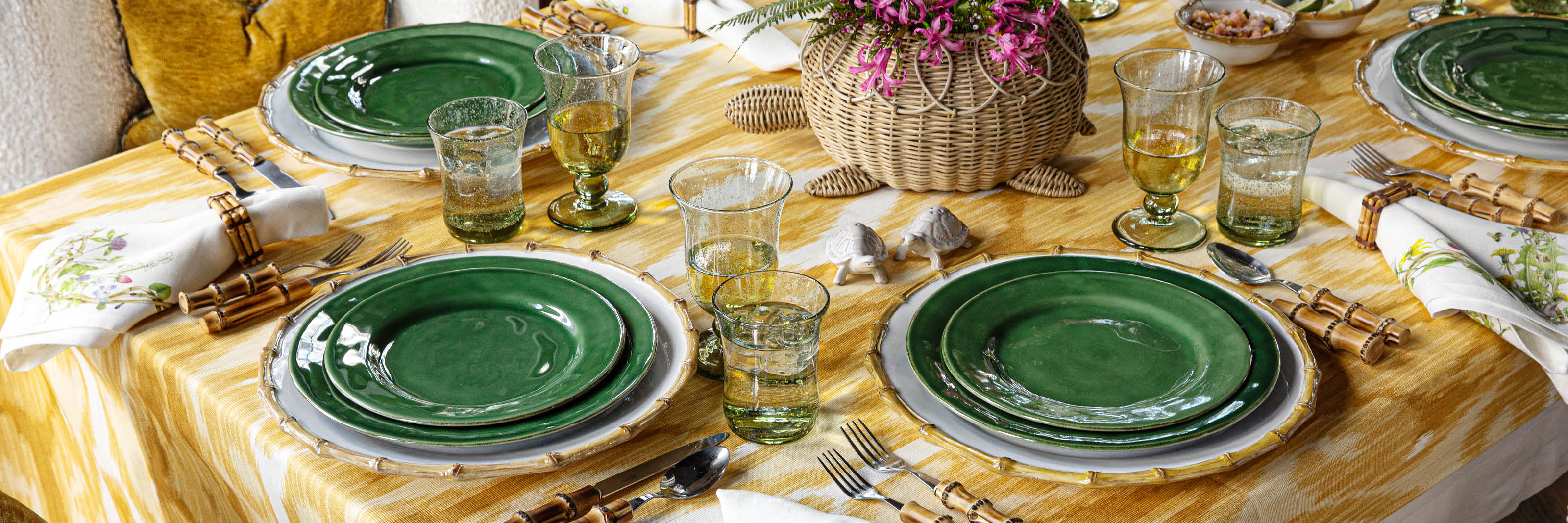 Puro Basil and Bamboo look tropical and vibrant on a yellow tablecloth.