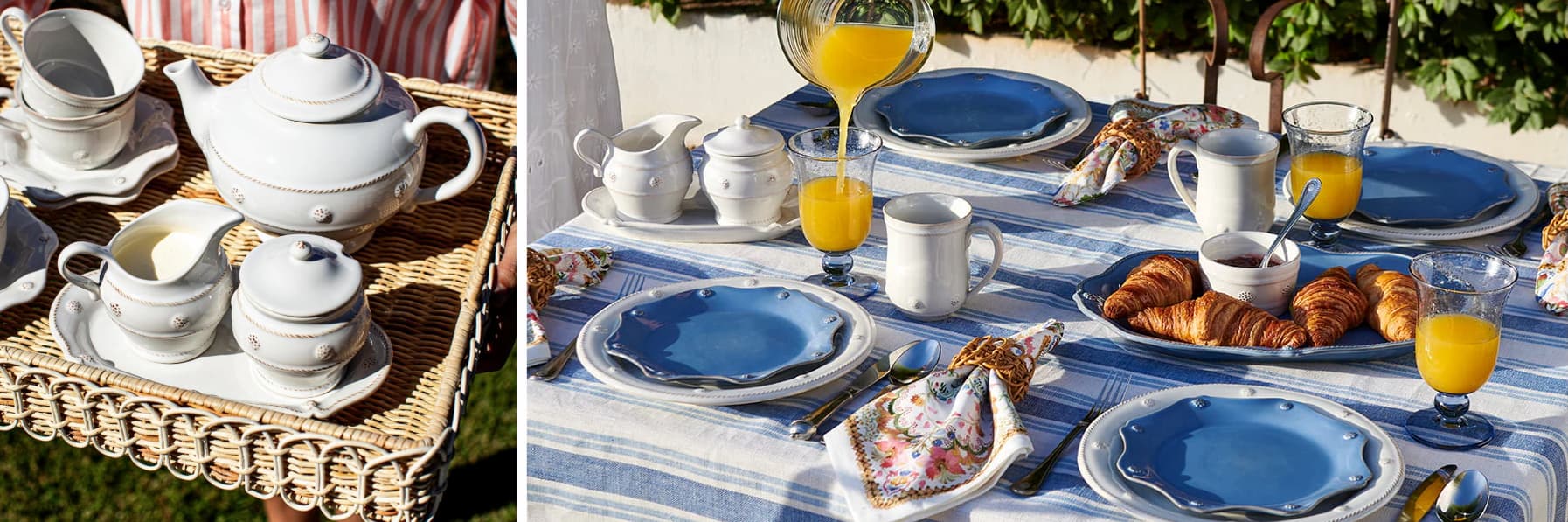 An outdoor breakfast table with white and chambray Berry & Thread place settings. On the left a image of a teapot and creamer and sugar set on a ratan tray.