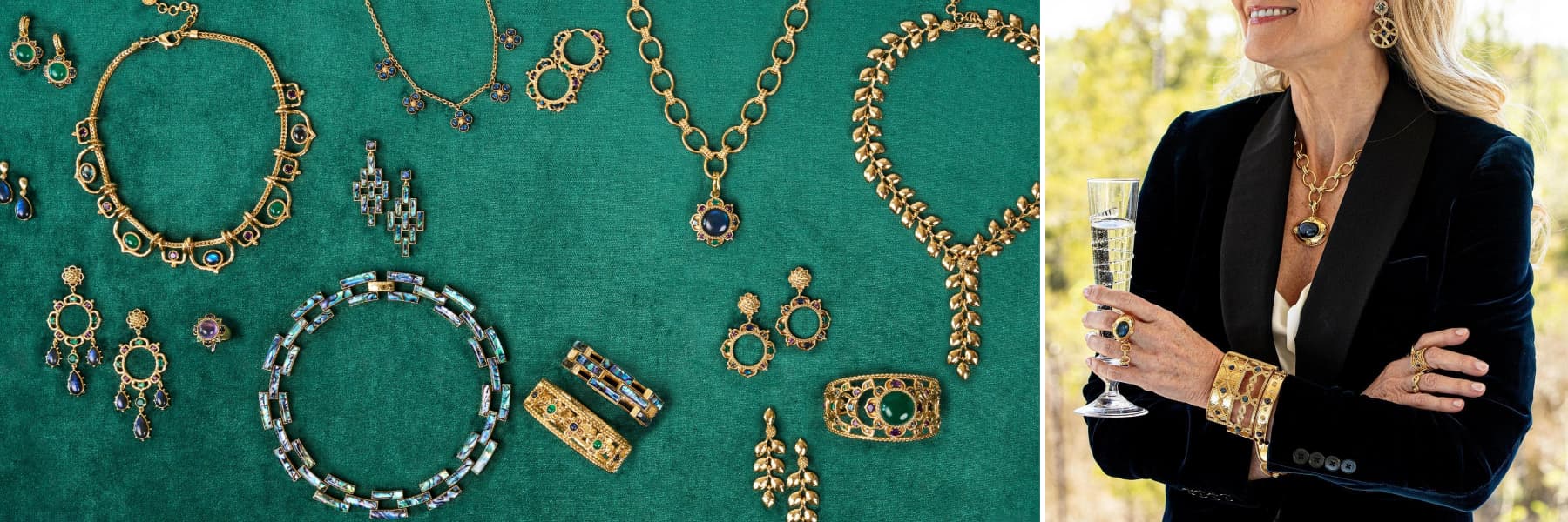  Gold and blue jewelry laid out over a green background next to a photo a woman holding a champaign flute.