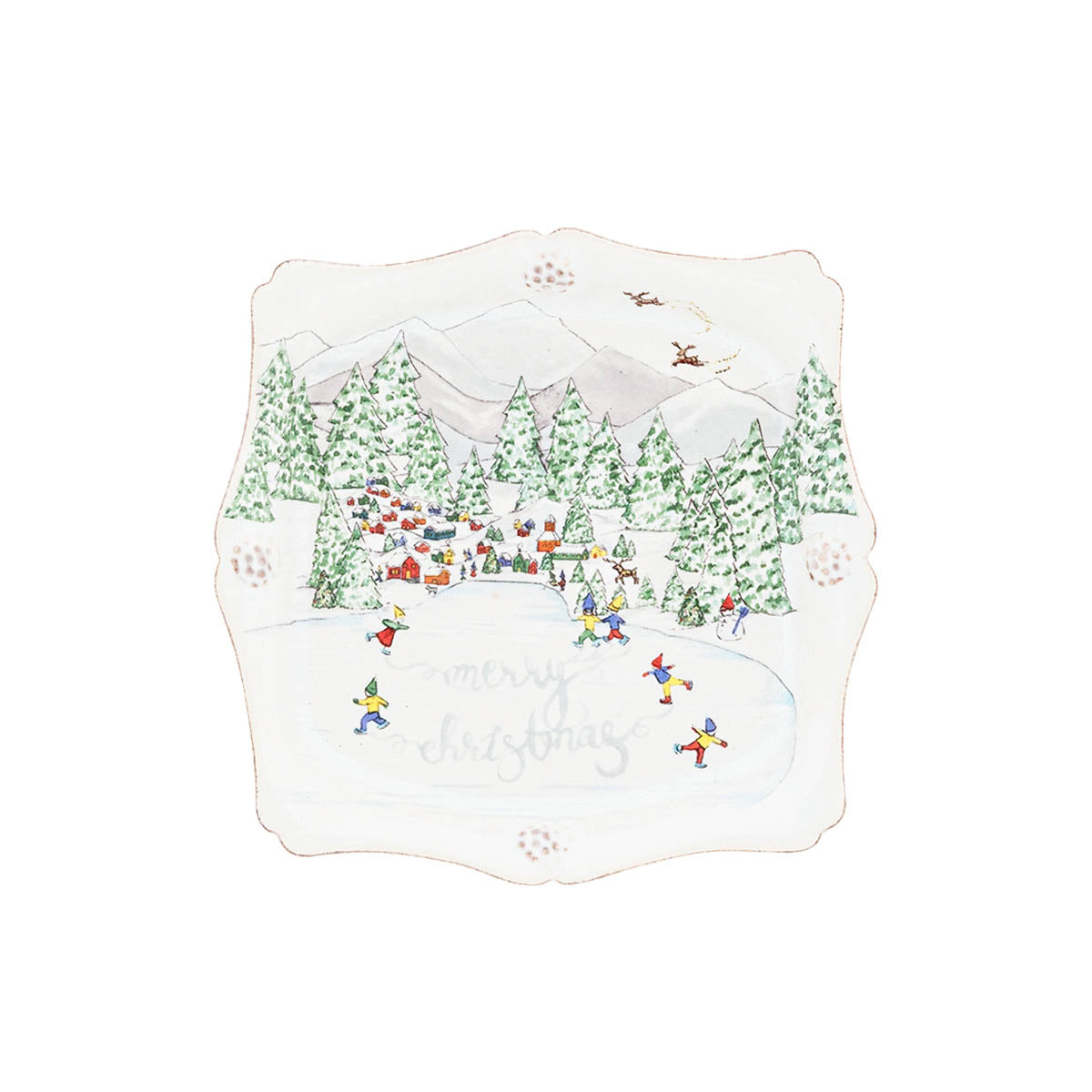 The perfect trinket tray for all your baubles or favorite petite sweets, place one in every room - and then be sure to stock up to give as gifts to everyone on your list! With a delicate scalloped silhouette dotted with our signature berries, we've expanded upon our beloved North Pole illustrations to show some elves enjoying an afternoon of ice skating and spelling out a cheery message to wish you a "Merry Christmas!"