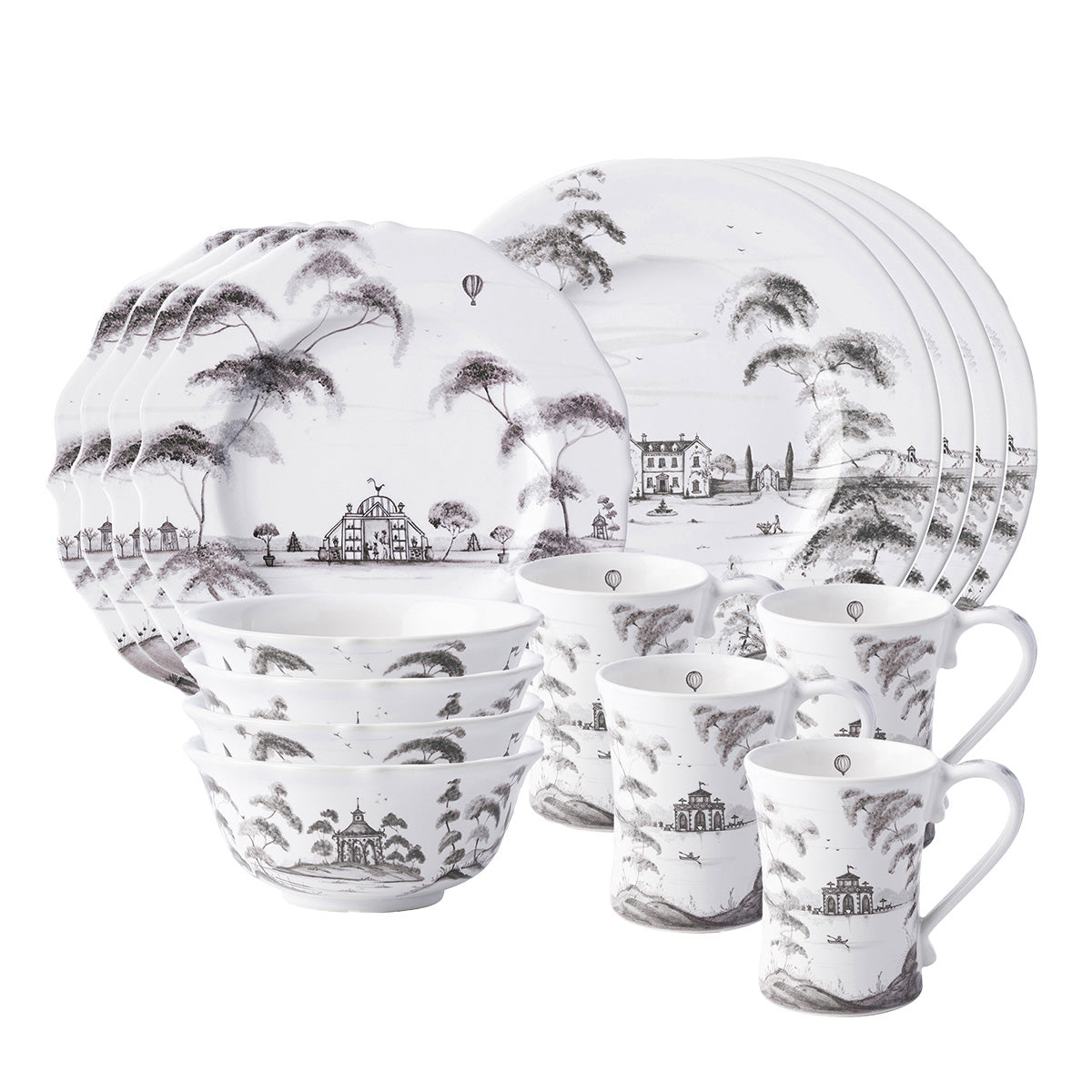 From our Country Estate Collection- Featuring narratives of the English Countryside, our 16 piece setting in Flint Grey contains 4 dinner plates, 4 dessert/salad plates, 4 cereal/ice cream bowls, and 4 coffee cups.