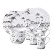 From our Country Estate Collection- Featuring narratives of the English Countryside, our 16 piece setting in Flint Grey contains 4 dinner plates, 4 dessert/salad plates, 4 cereal/ice cream bowls, and 4 coffee cups.