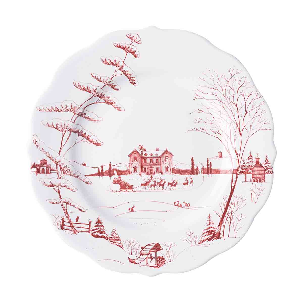 From our Country Estate Collection - All that's merry and bright sparkles from the festive ruby winter scene of our scalloped edge dinner plate. The perfect backdrop to your winter celebration, our plate mixes beautifully with our other collections.