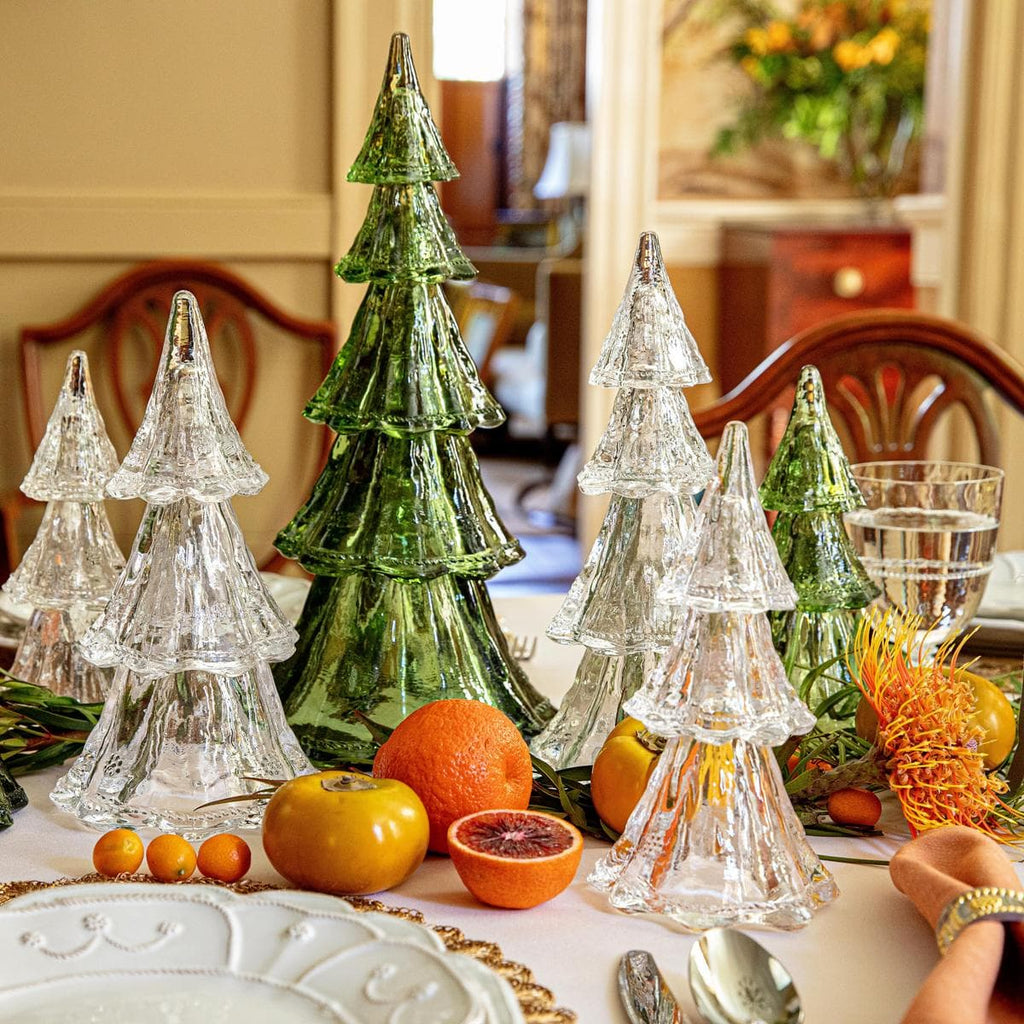 Juliska Berry & Thread Glass Trees in clear and green are the perfect holiday table centerpiece.